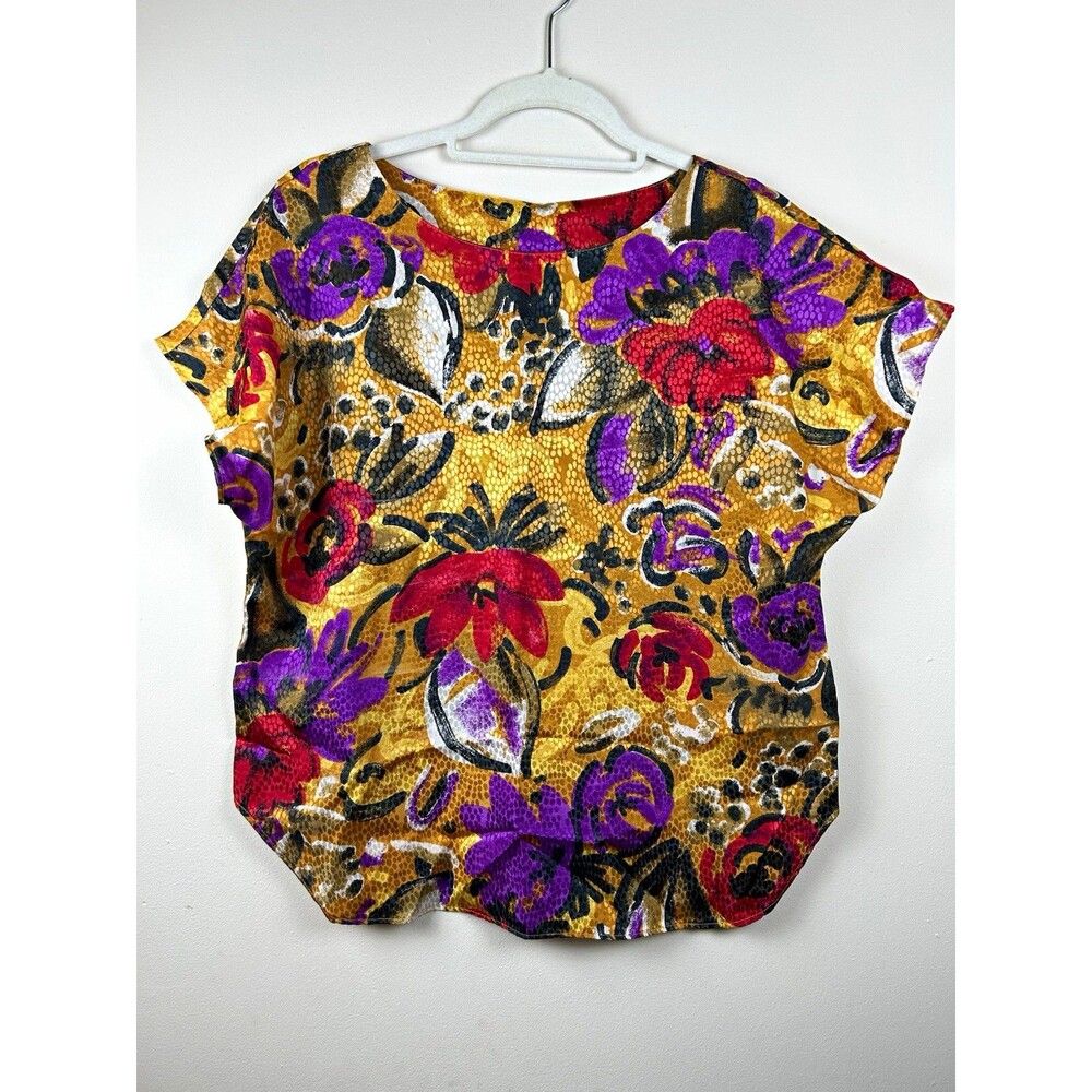 Vintage Motations Women’s Blouse M Cheetah Snake Floral Satin Short Sleeve